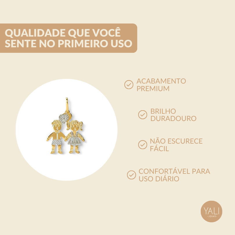 Pingente 1 Menina e 1 Menino Casal Banhado a Ouro 18k
