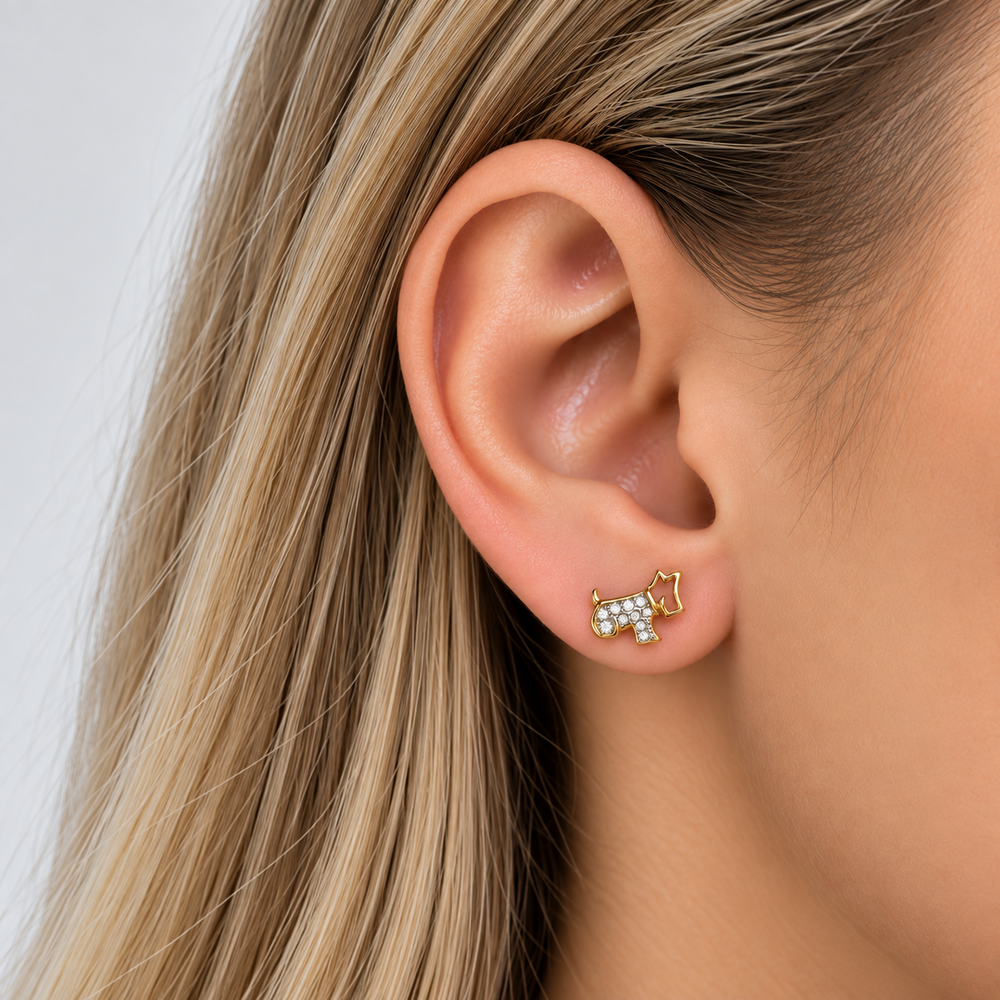 Brinco Cachorro com Pedras e Detalhe com Banho em Ródio Banhado a Ouro 18k com Zircônias - 1 cm