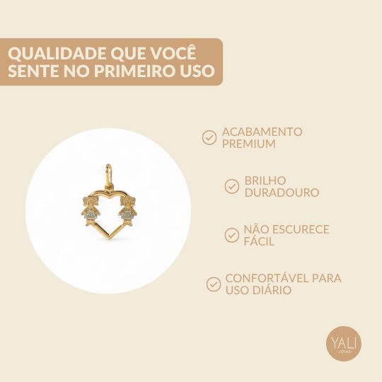 Pingente 2 Meninas Coração Banhado a Ouro 18k Vazado