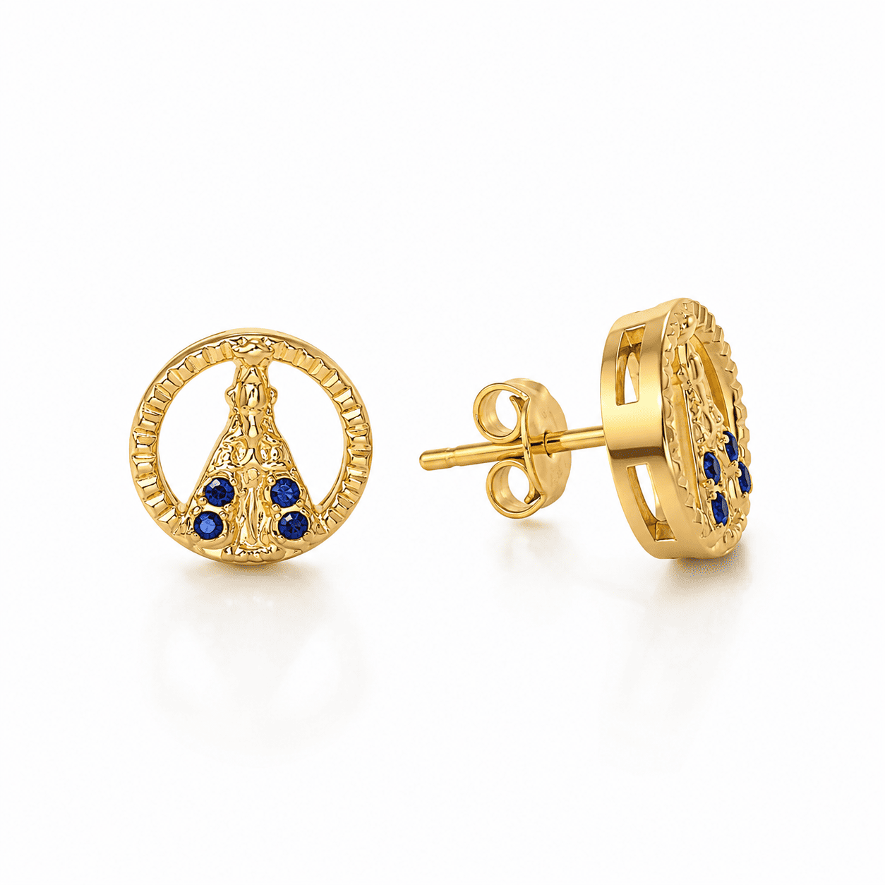 Brinco Nossa Senhora Redondo Banhado a Ouro 18k com Zircônias Azul Safira - 9mm