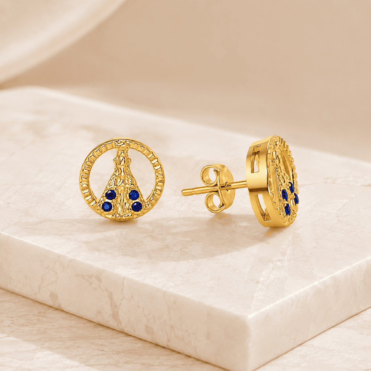 Brinco Nossa Senhora Redondo Banhado a Ouro 18k com Zircônias Azul Safira - 9mm