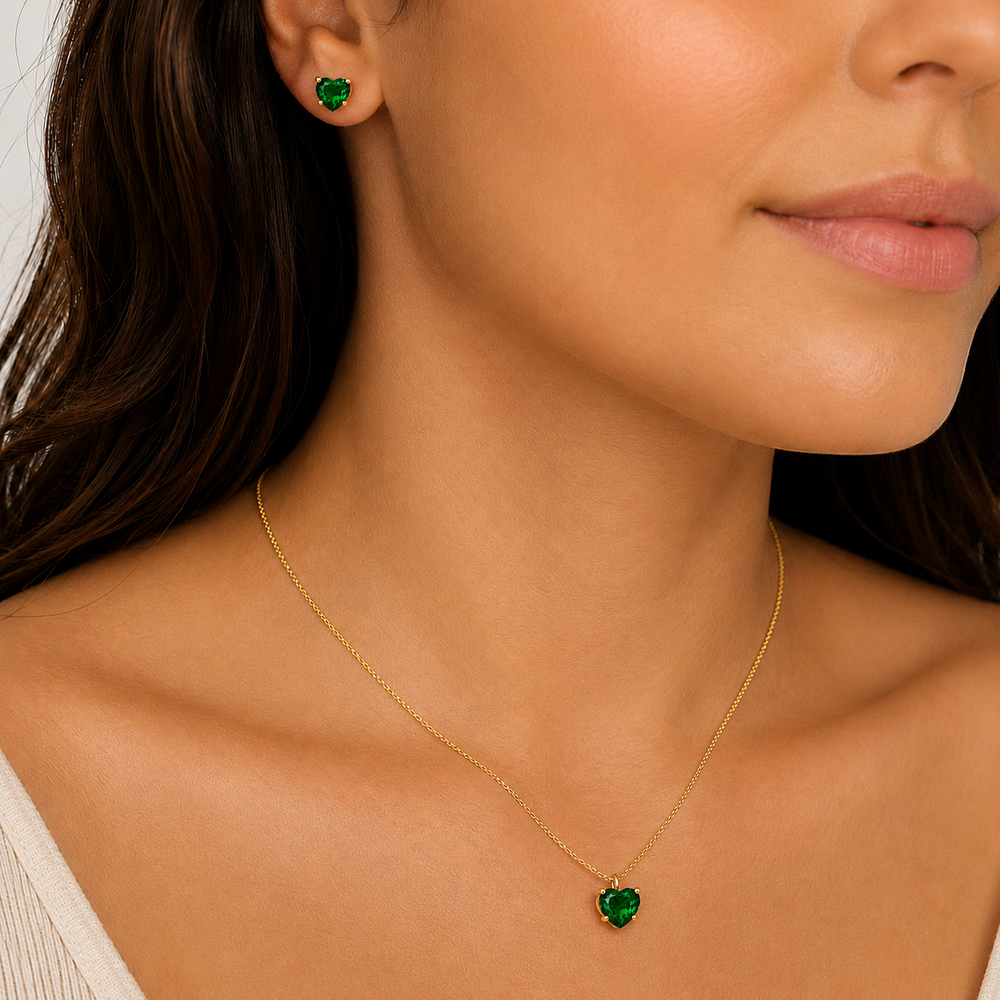 Conjunto Ponto de Luz Verde Coração Banhado a Ouro 18k com Zircônia Verde - 6mm