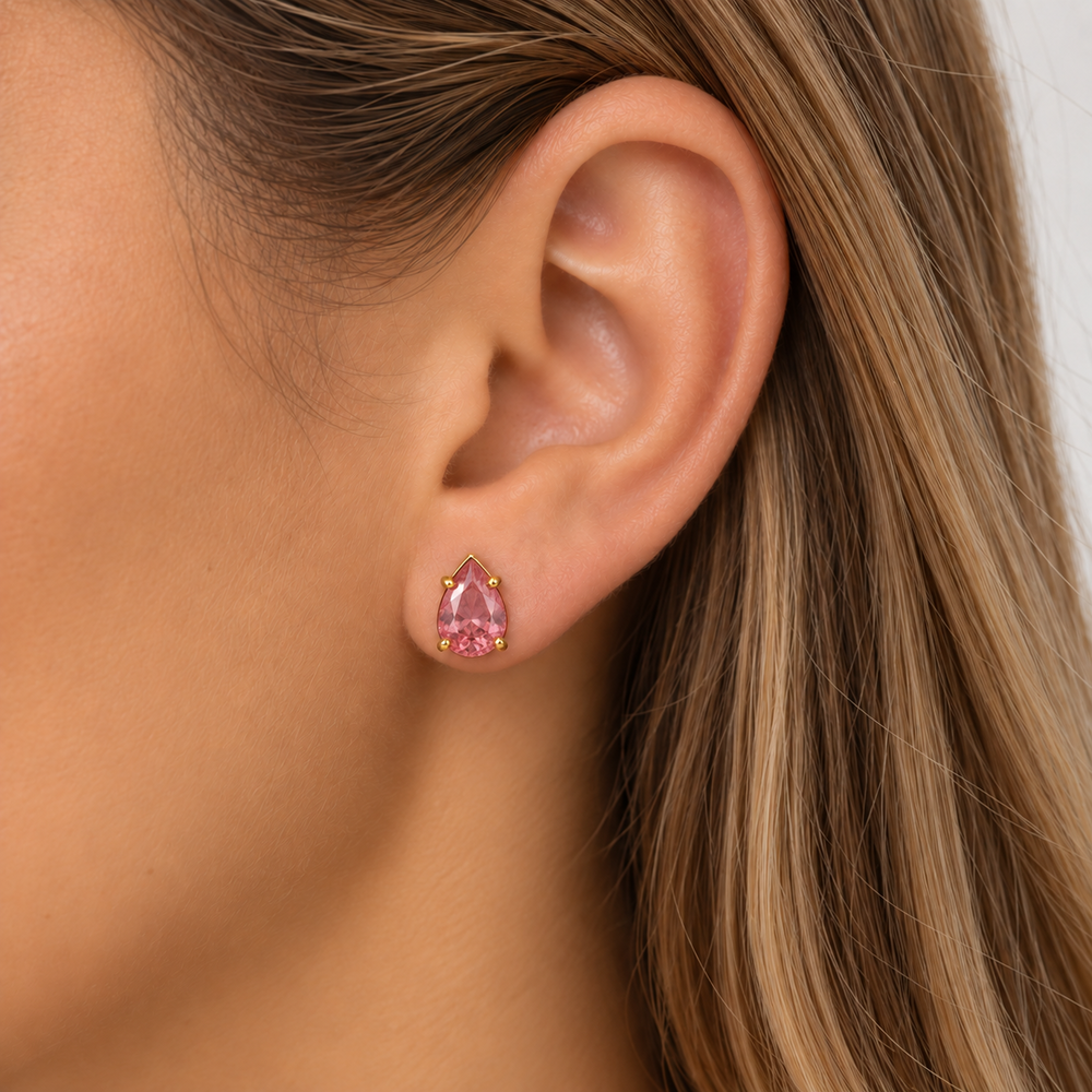 Brinco Gota Ponto de Luz Rosa Banhado a Ouro 18k com Zircônia - 8 mm
