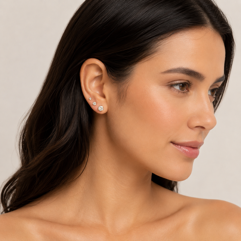 Trio de Brincos Ponto de Luz Banhado a Ouro 18k com Zircônias - 6 mm