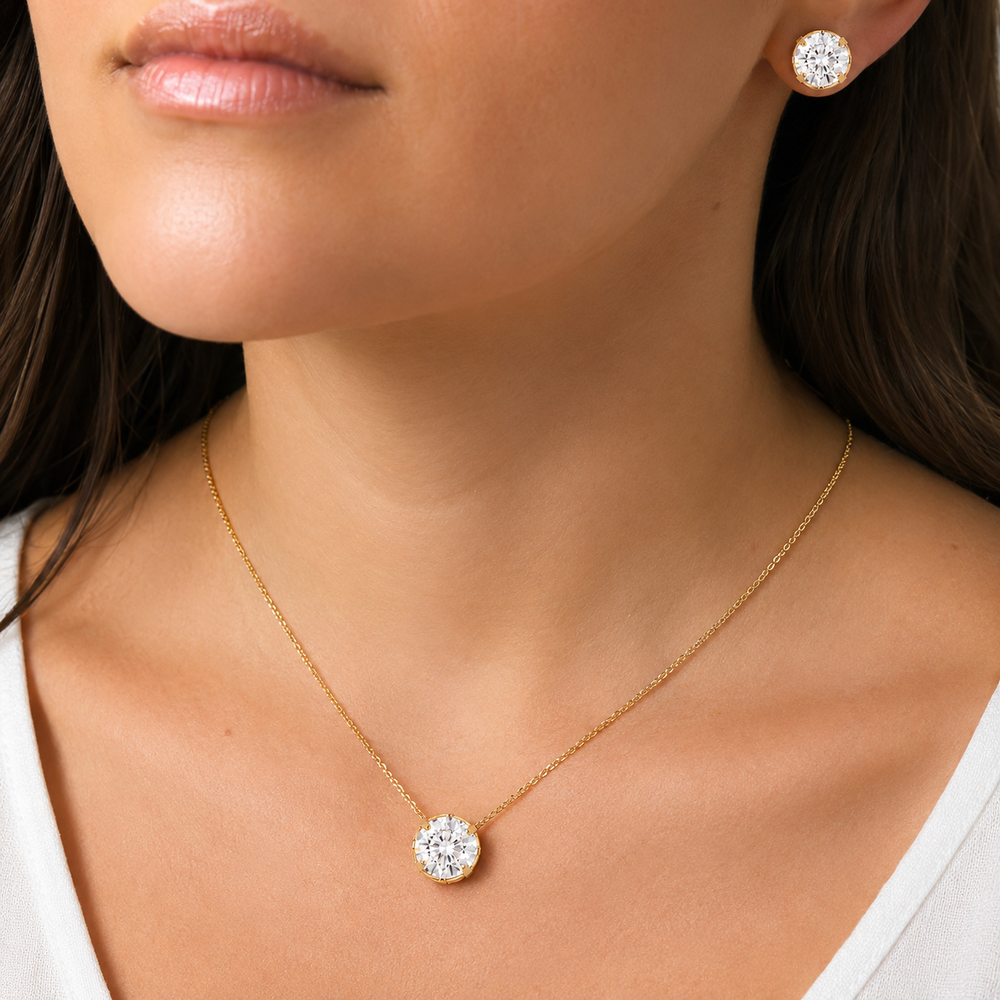 Conjunto Ponto de Luz Redondo Banhado a Ouro 18k com Zircônias - 8 mm