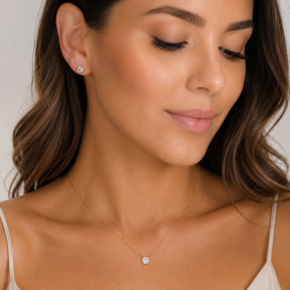Conjunto Ponto de Luz Redondo Banhado a Ouro 18k com Zircônias - 6mm