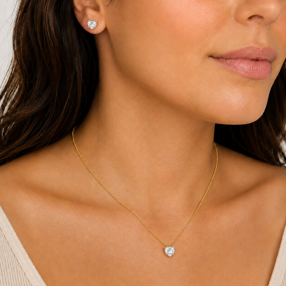 Conjunto Ponto de Luz Coração Banhado a Ouro 18k com Zircônias - 6mm