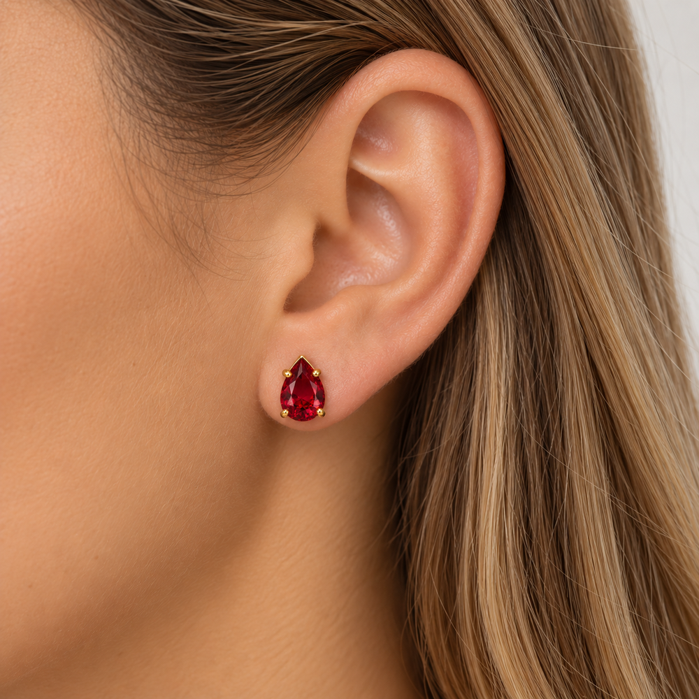 Brinco Gota Ponto de Luz Vermelho Banhado a Ouro 18k com Zircônia - 8 mm