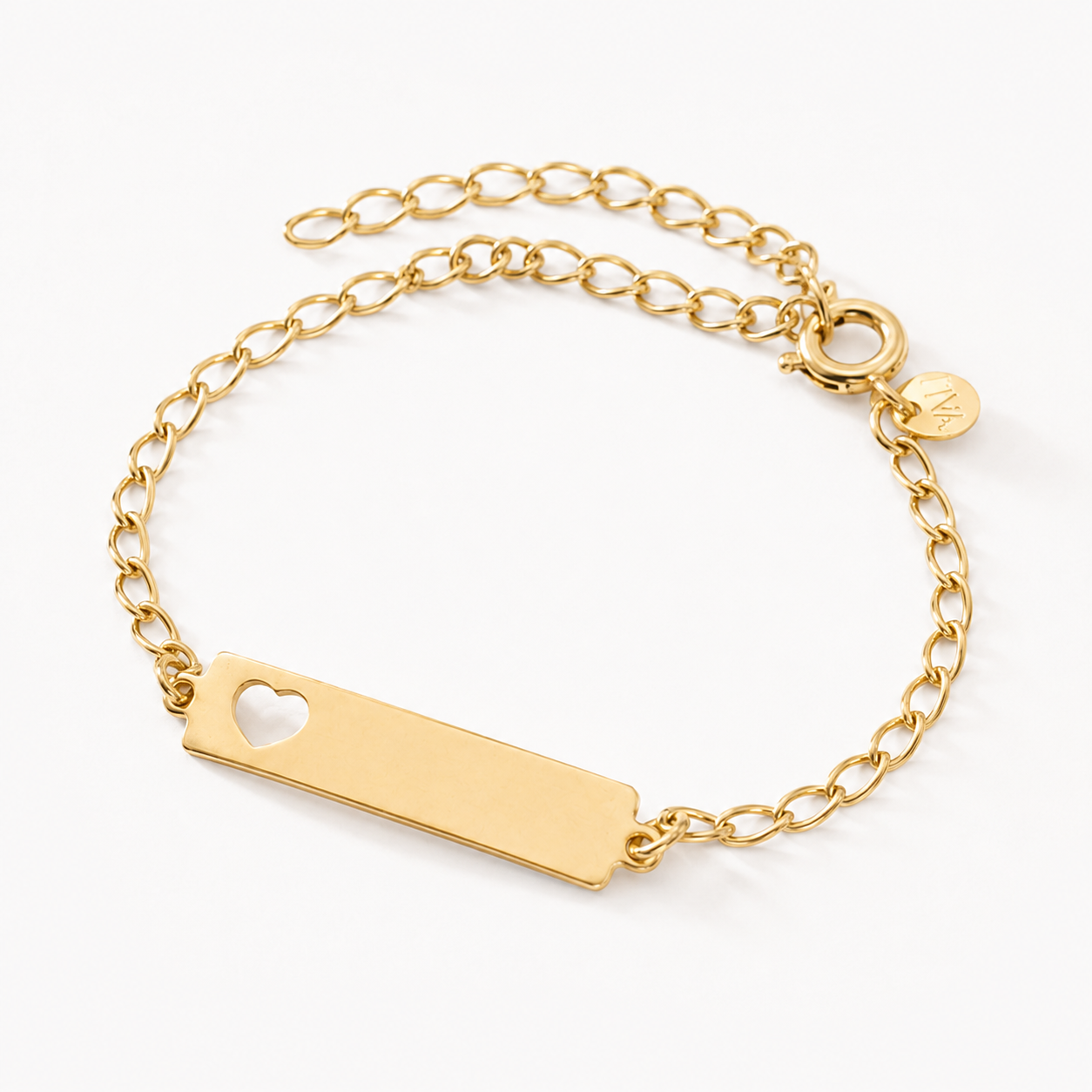 Pulseira Chapa Coração Vazado Infantil Banhada a Ouro 18k - 12 cm + 3 cm (Alongador)