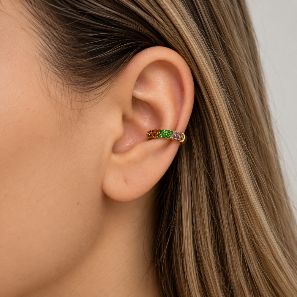 Brinco Piercing Fake Colorido Banhado a Ouro 18k com Zircônias - 1,9 cm