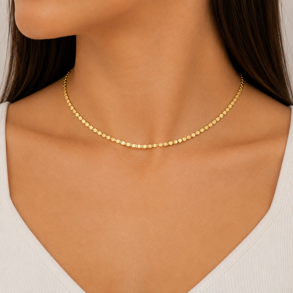 Corrente Choker Bolinhas Achatadas Lisa Banhada Ouro 18k - 35 cm + 8 cm (Alongador)