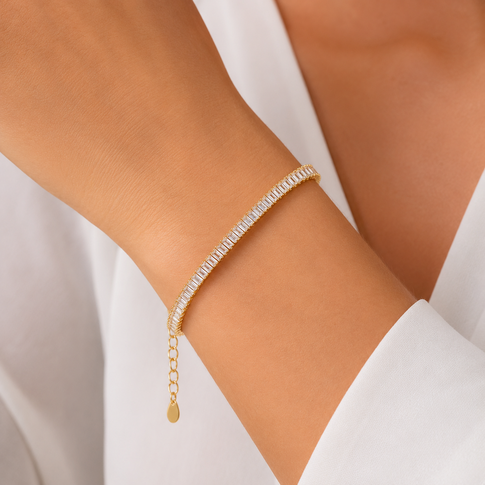 Pulseira Riviera Banhada a Ouro 18k com Zircônias Retangulares 3 mm - 16 cm + 5 cm (Alongador)