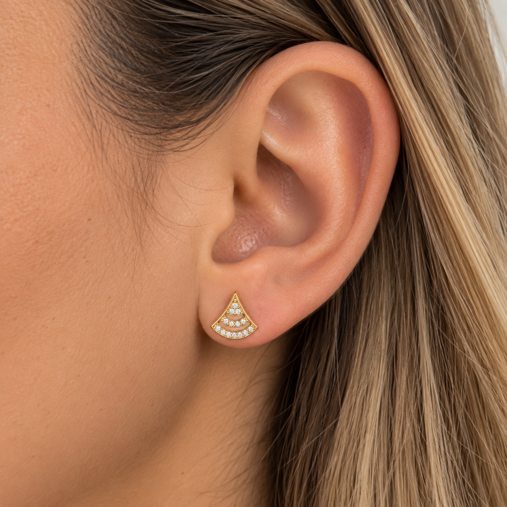 Brinco Leque com Pedras Banhado a Ouro 18k com Zircônias - 1 cm