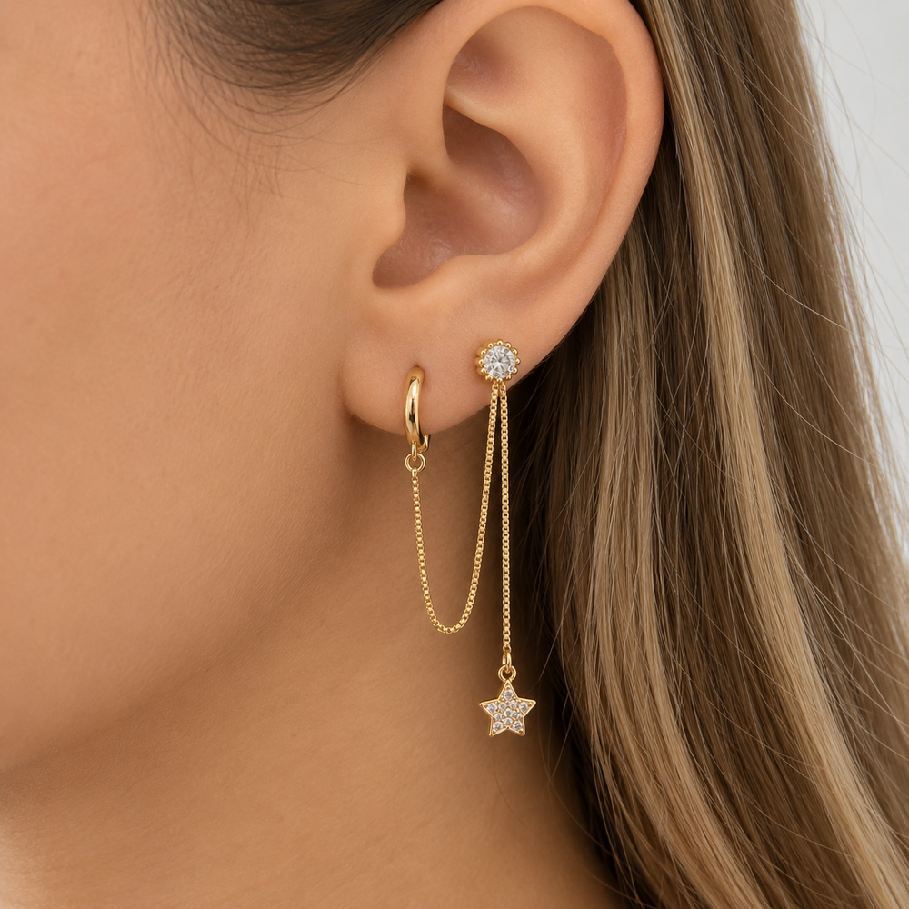 Brinco Interligado Argola e Estrela Cravejada Banhado a Ouro 18k com Zircônias