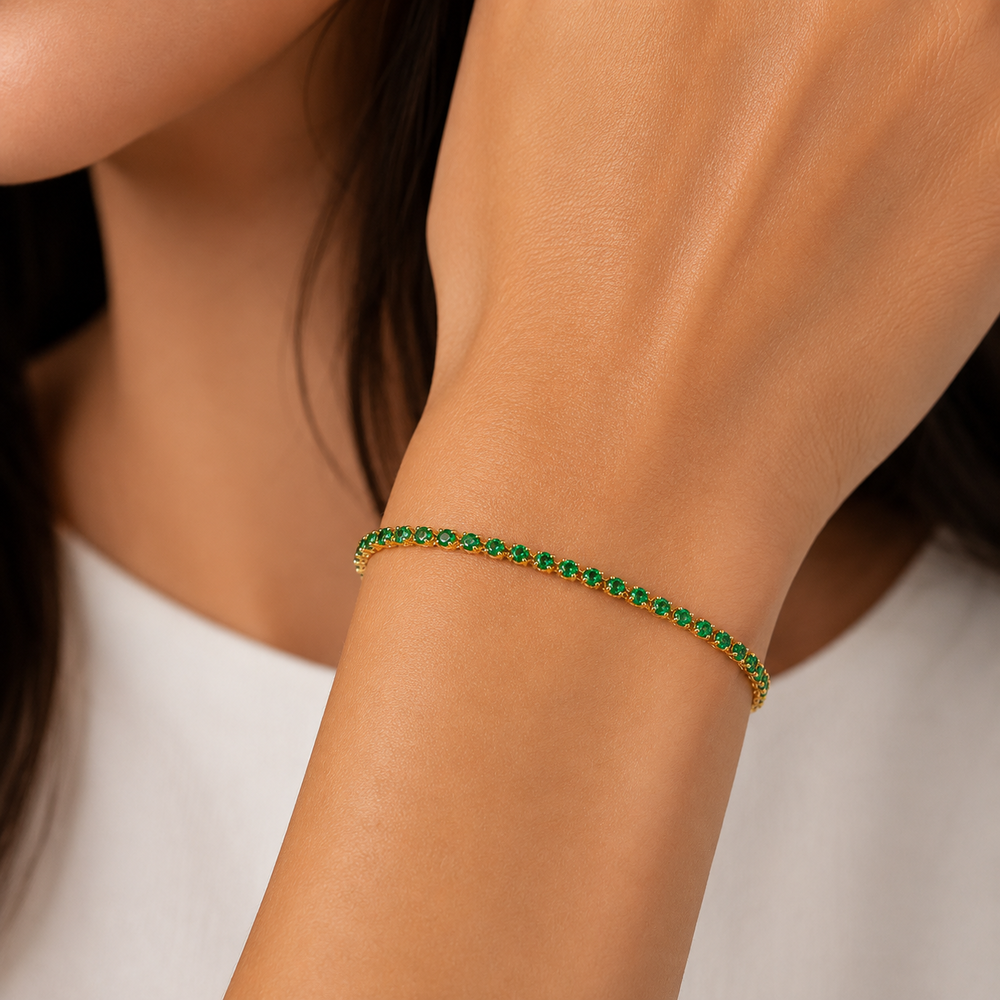Pulseira Riviera 2 mm Verde Banhada a Ouro 18k com Zircônia Verde - 16 cm + 4 cm (Alongador)
