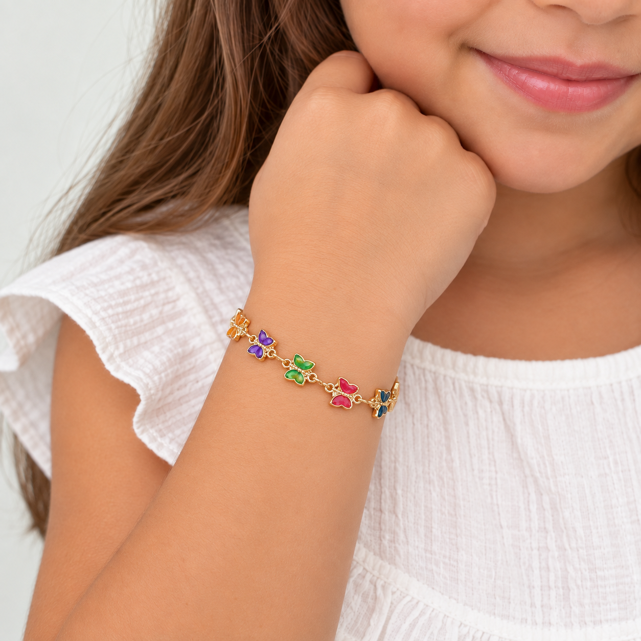 Pulseira Infantil Borboletas Coloridas Banhada a Ouro 18k com Zircônias - 12,5 cm + 4,5 cm (Alongador)