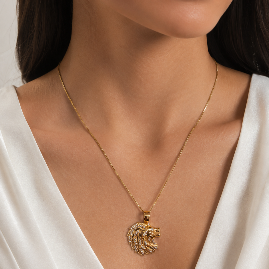 Colar Leão com Pedras Banhado a Ouro 18k com Zircônias - 40 cm + 4 cm (Alongador)