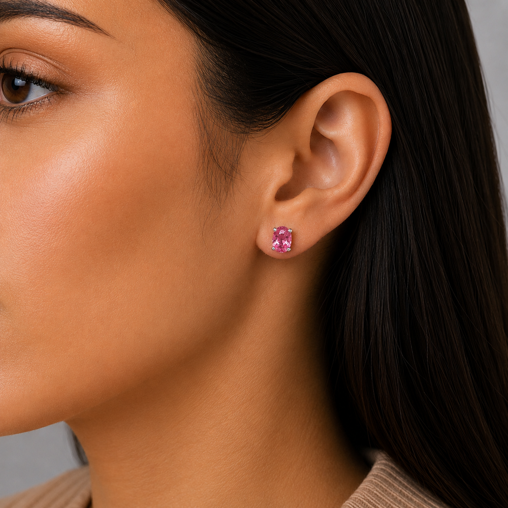 Brinco Ponto de Luz Oval Rosa Prata 925 com Zircônia - 6 mm