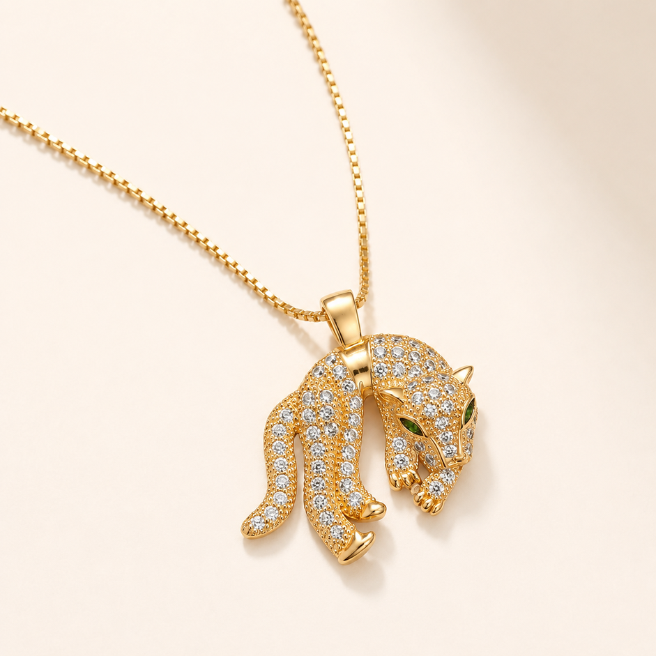 Corrente Pantera Cravejada Olhos Verdes Banhado a Ouro 18k com Zircônias - 40 cm + 4 cm (Alongador)