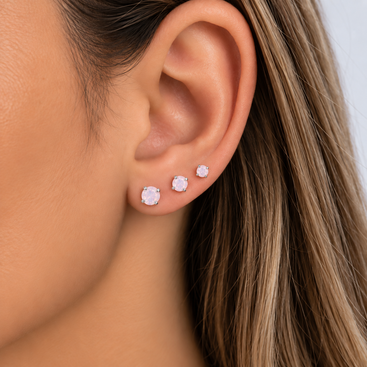 Trio de Brinco Ponto de Luz Pedras Cor Opala Rosa Prata 925 com Zircônias - 5 mm, 4 mm, 3 mm