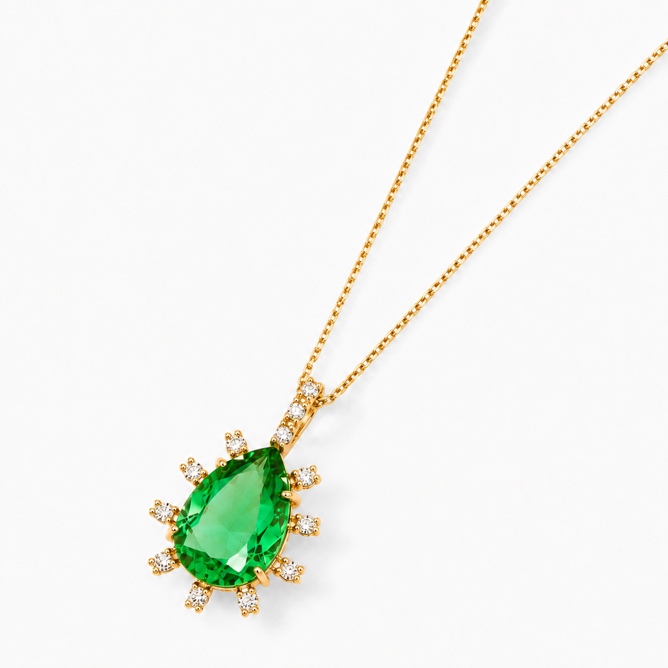 Colar Gota Esmeralda Borda com Pedras Banhado a Ouro 18k com Zircônias - 40 cm + 5 cm (Alongador)