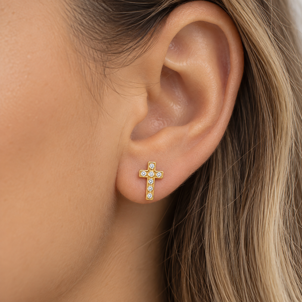 Brinco Cruz com Detalhes em Pedras Banhado a Ouro 18k com Zircônias - 1 cm