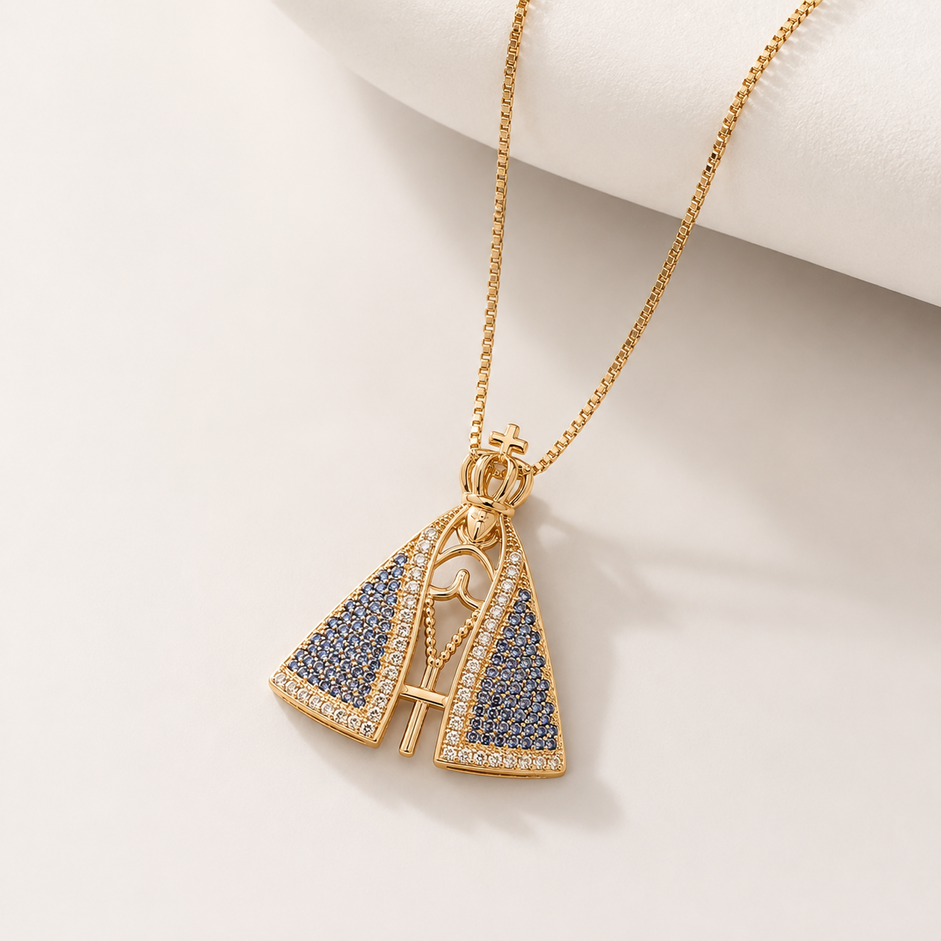 Colar Nossa Senhora com Pedras Azuis Banhada a Ouro 18k com Zircônias - 40 cm + 4 cm (Alongador)