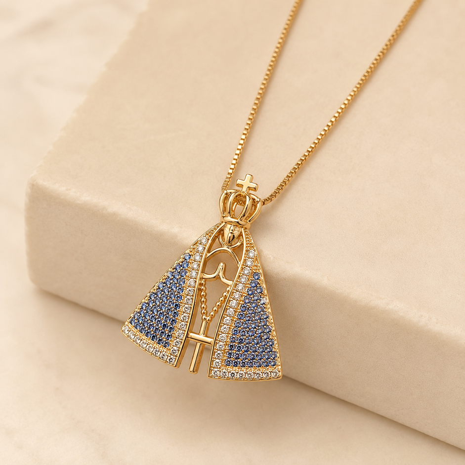 Colar Nossa Senhora com Pedras Azuis Banhada a Ouro 18k com Zircônias - 40 cm + 4 cm (Alongador)