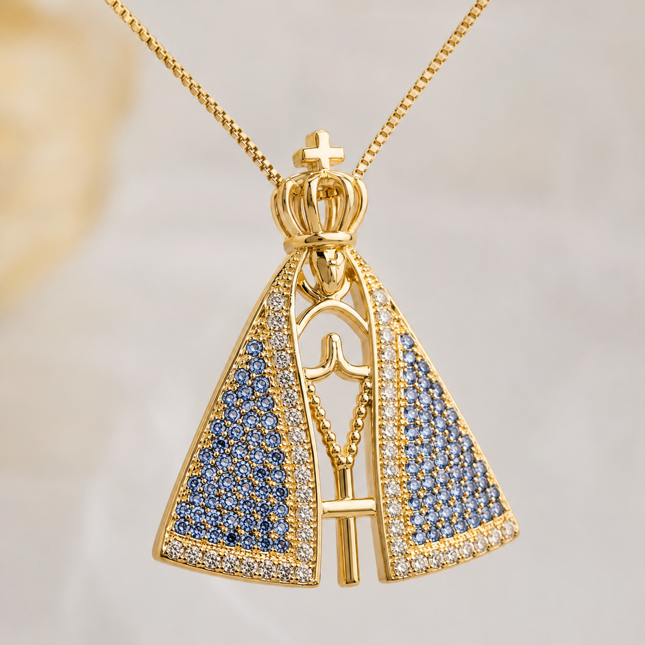 Colar Nossa Senhora com Pedras Azuis Banhada a Ouro 18k com Zircônias - 40 cm + 4 cm (Alongador)