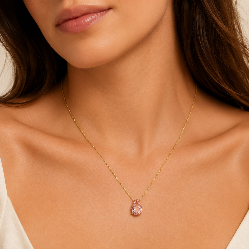 Colar Gota Rosa Banhado a Ouro 18k com Zircônia - 40 cm 4 cm (Alongador)