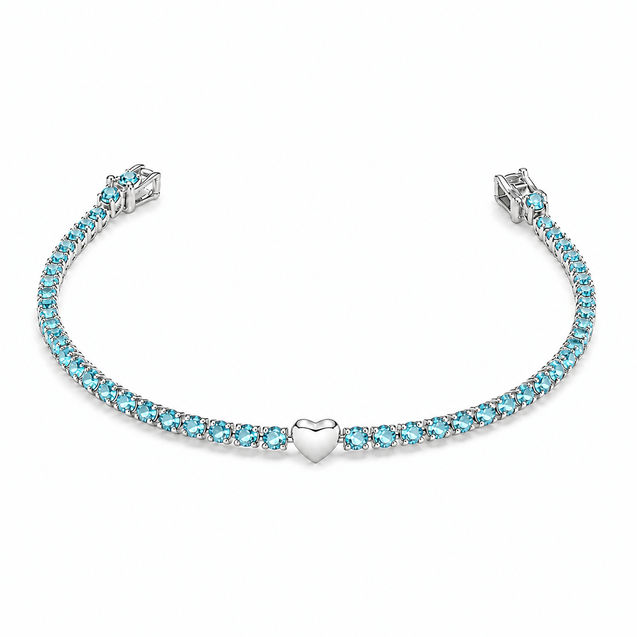 Pulseira Riviera Azul Turquesa 2 mm Coração Liso Prata 925 Fecho Gaveta - 19 cm