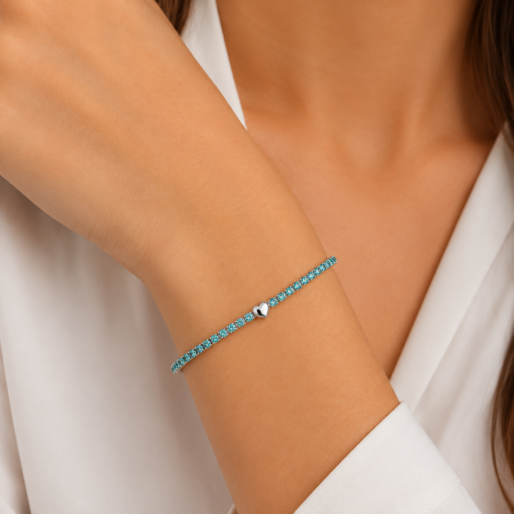 Pulseira Riviera Azul Turquesa 2 mm Coração Liso Prata 925 Fecho Gaveta - 19 cm