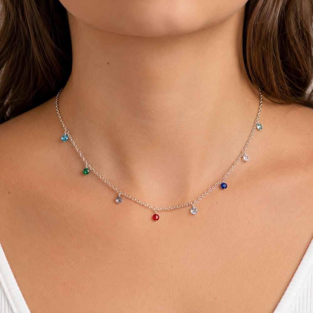Colar Choker Pedras Coloridas Prata 925 - 40 cm