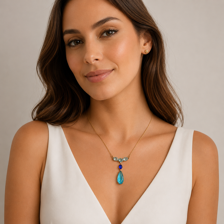 Colar Tricolor Gota Banhado a Ouro 18k com Zircônias - 40 cm + 6 cm (Alongador)