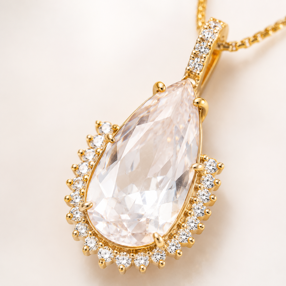 Colar de Gota com Borda Cravejada Banhado a Ouro 18k com Zircônias - 40 cm + 6 cm (Alongador)