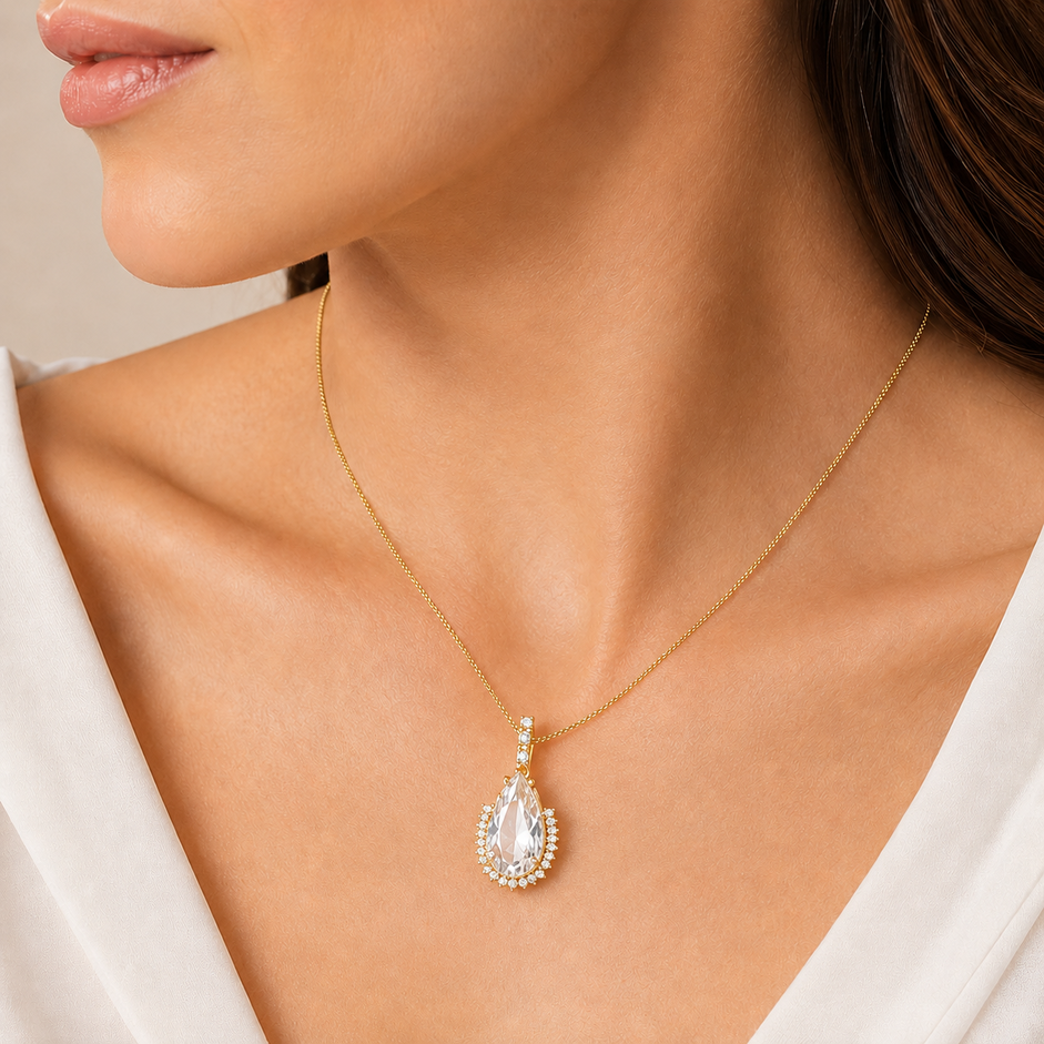 Colar de Gota com Borda Cravejada Banhado a Ouro 18k com Zircônias - 40 cm + 6 cm (Alongador)