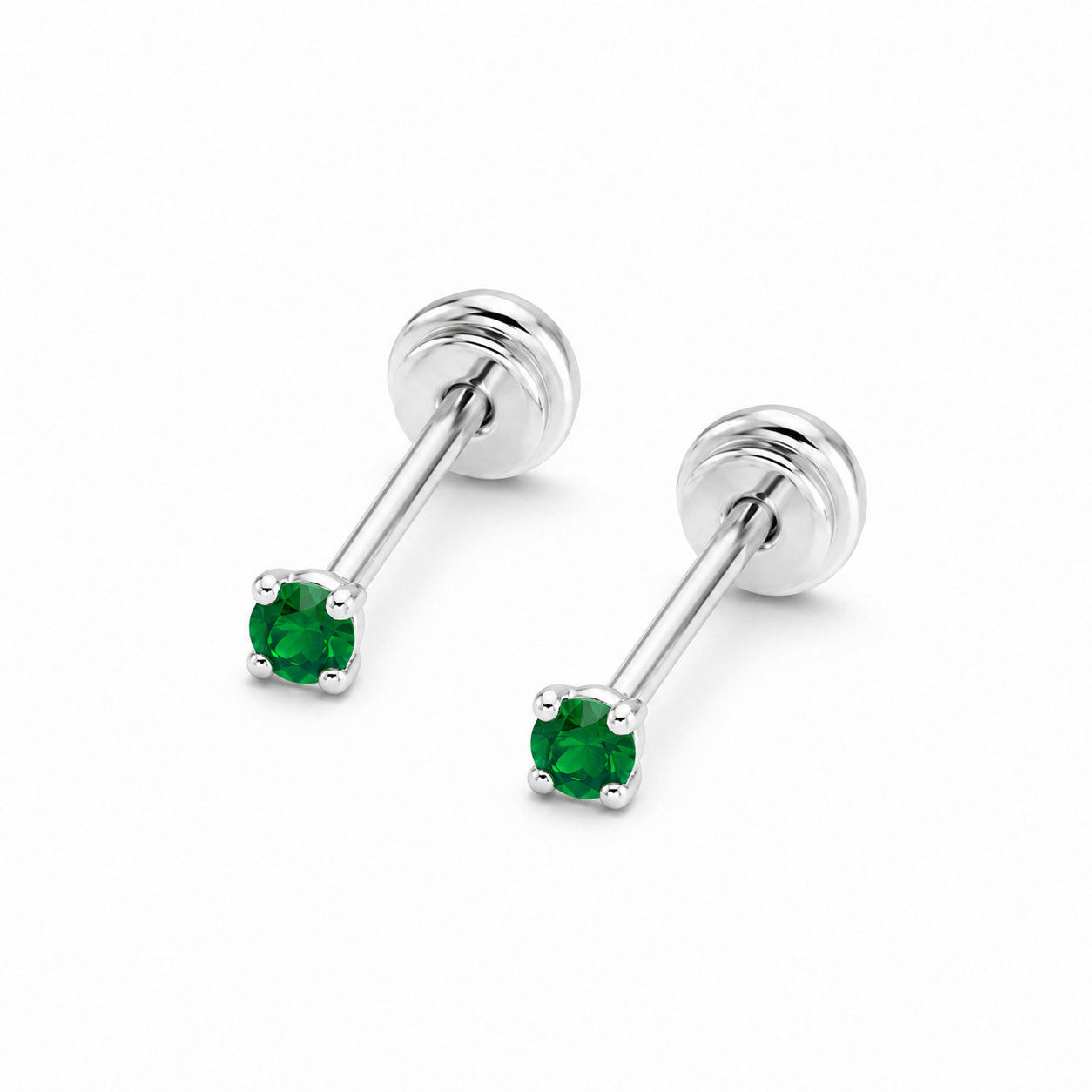 Brinco Infantil Ponto de Luz Verde Tarraxa Baby Prata 925 com Zircônia verde - 2  mm