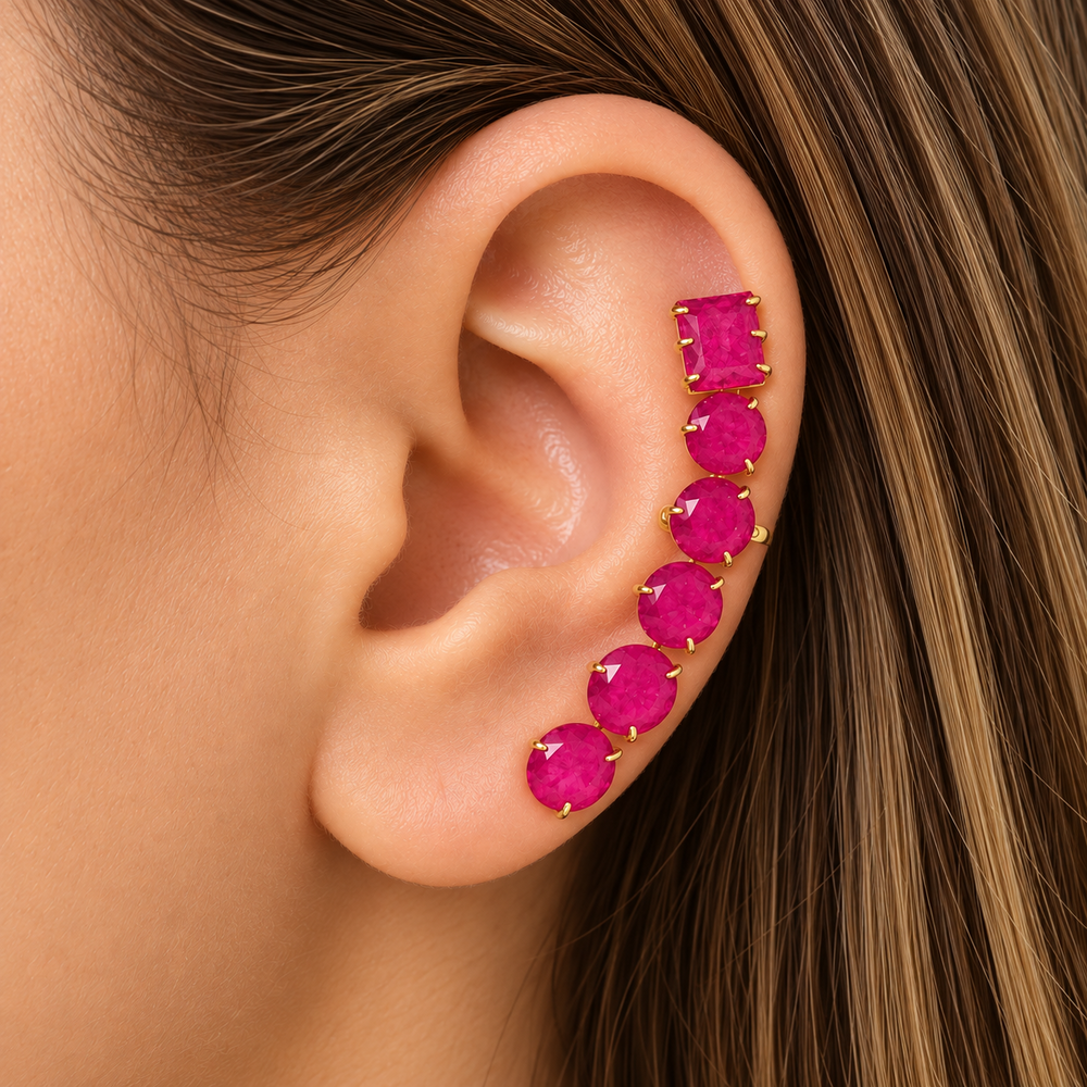 Brinco Ear Cuff Pedra Redonda e Quadrada Rosa Banhado a Ouro 18k com Zircônias - 5 cm