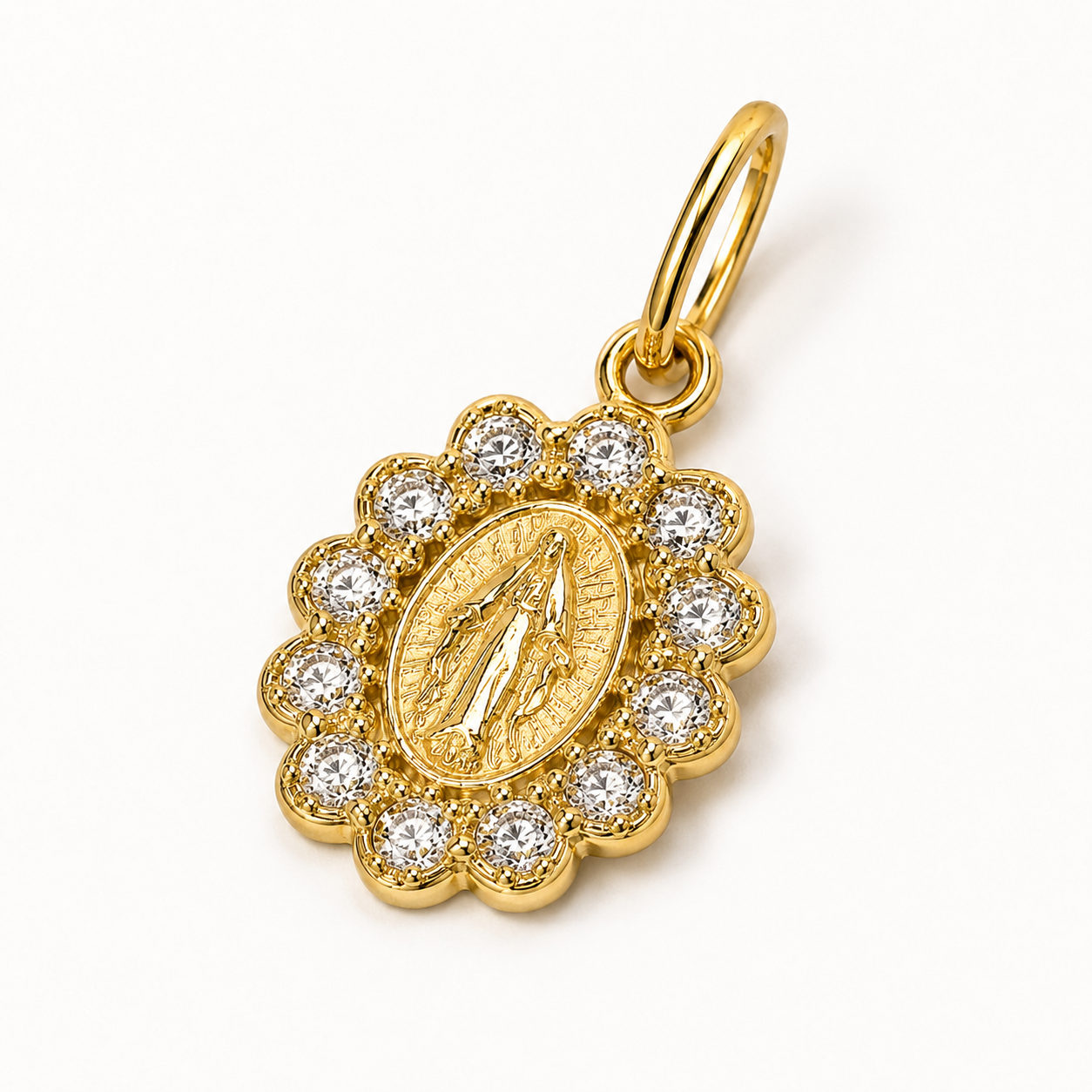 Pingente Nossa Senhora Borda com Pedras Banhada a Ouro 18k com Zircônias -1,5 cm