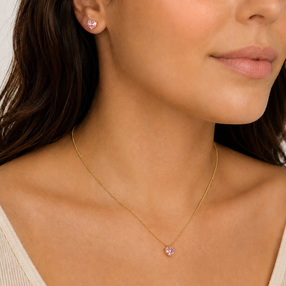 Conjunto Ponto de Luz Rosa Coração Banhado a Ouro 18k com Zircônia Rosa - 6mm