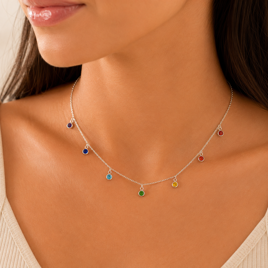 Colar Choker com Pedras Coloridas Prata 925 - 38 cm + 5 cm (Alongador)