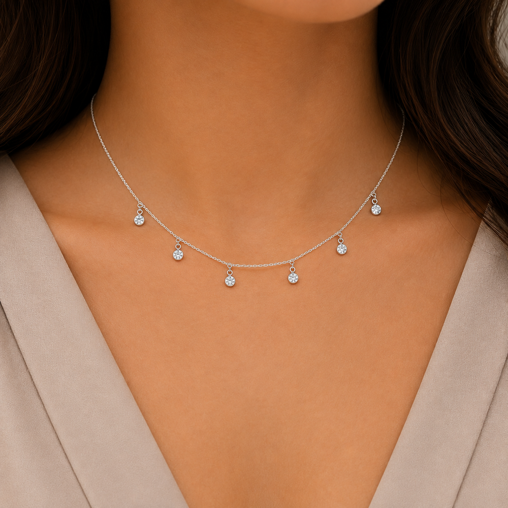 Colar Choker Pedras Penduradas Prata 925 com Zircônias - 36 cm + 4,5 cm (Alongador)