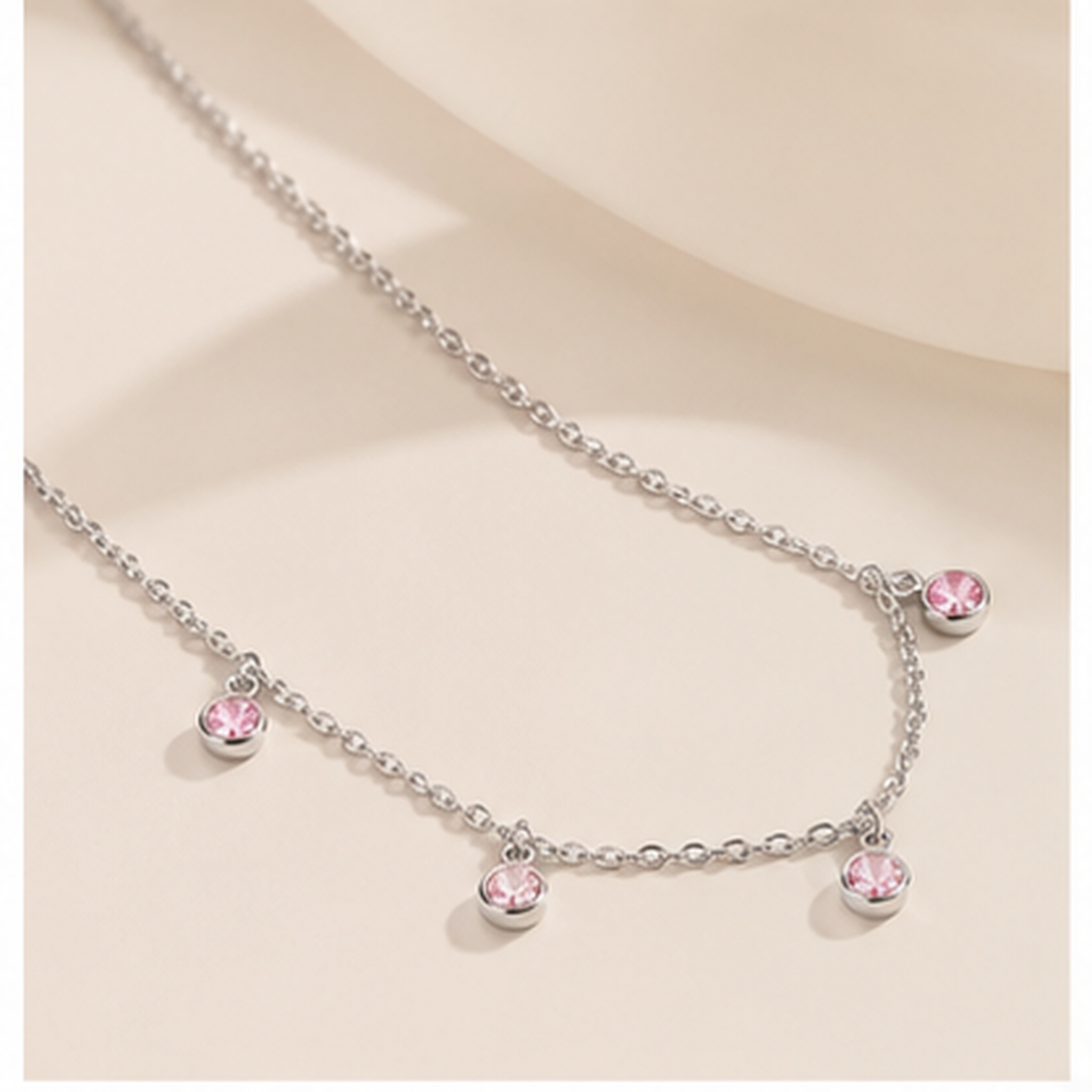 Colar Choker 5 Pedras Rosas Prata 925 com Zircônias - 40 cm + 3 cm (Alongador)