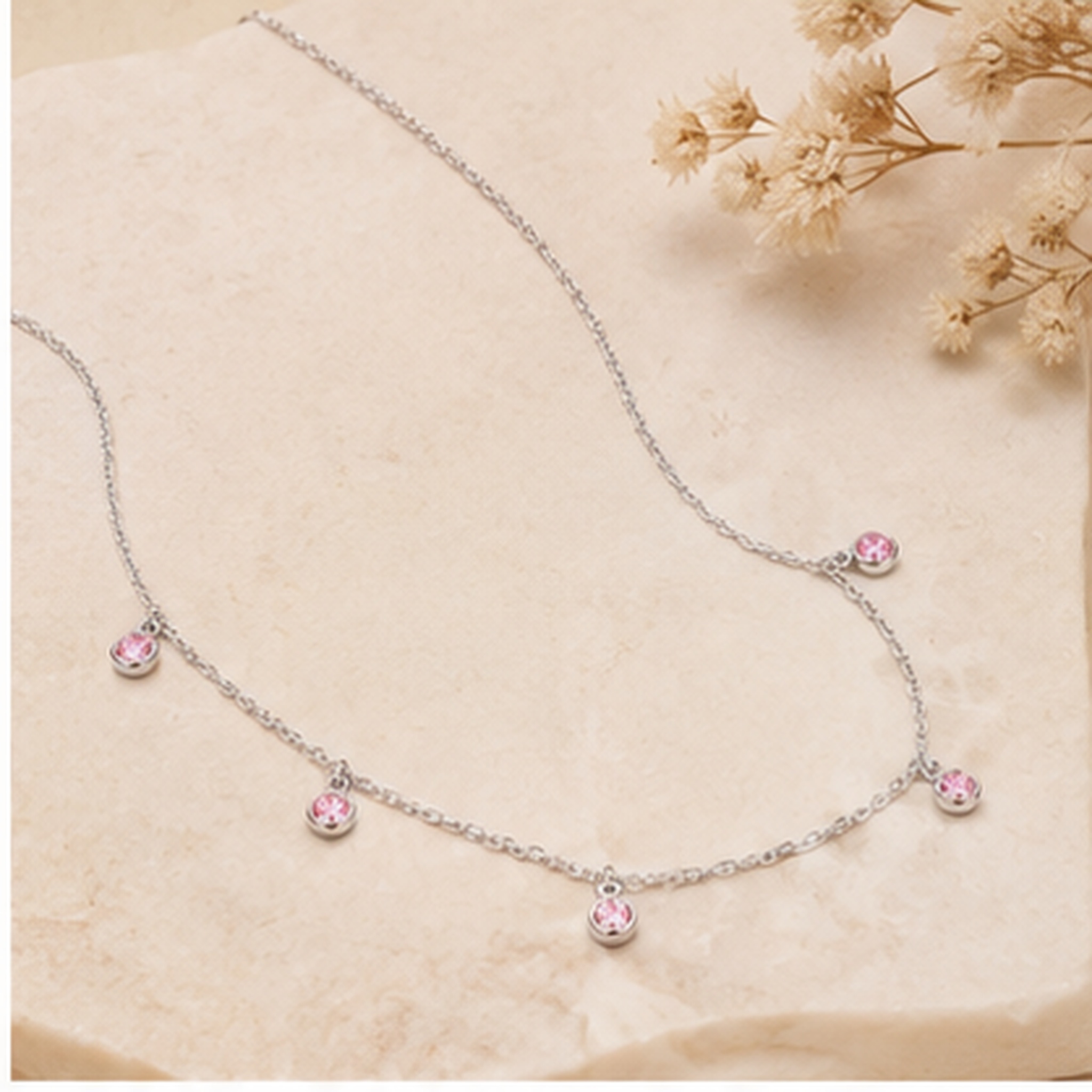 Colar Choker 5 Pedras Rosas Prata 925 com Zircônias - 40 cm + 3 cm (Alongador)