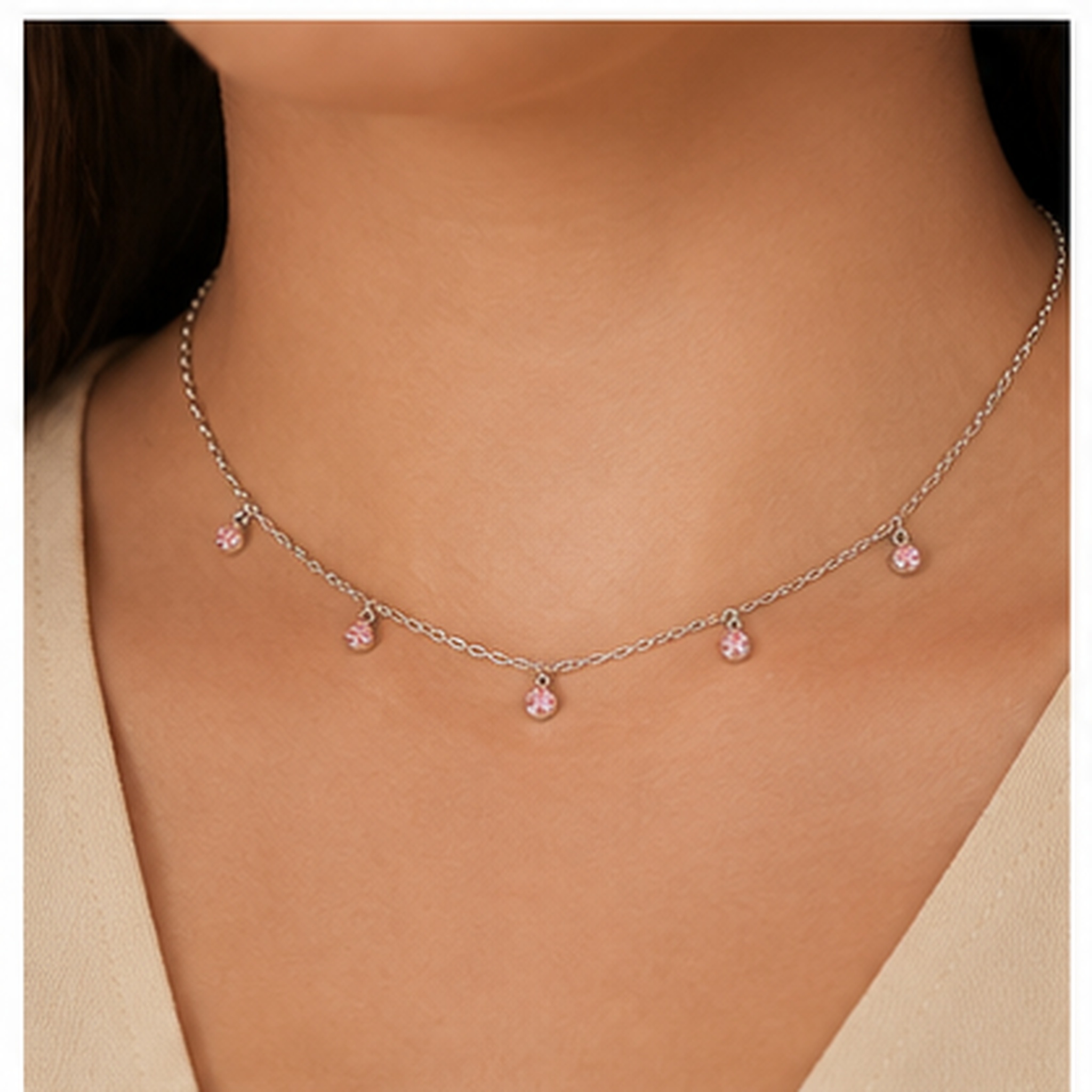 Colar Choker 5 Pedras Rosas Prata 925 com Zircônias - 40 cm + 3 cm (Alongador)