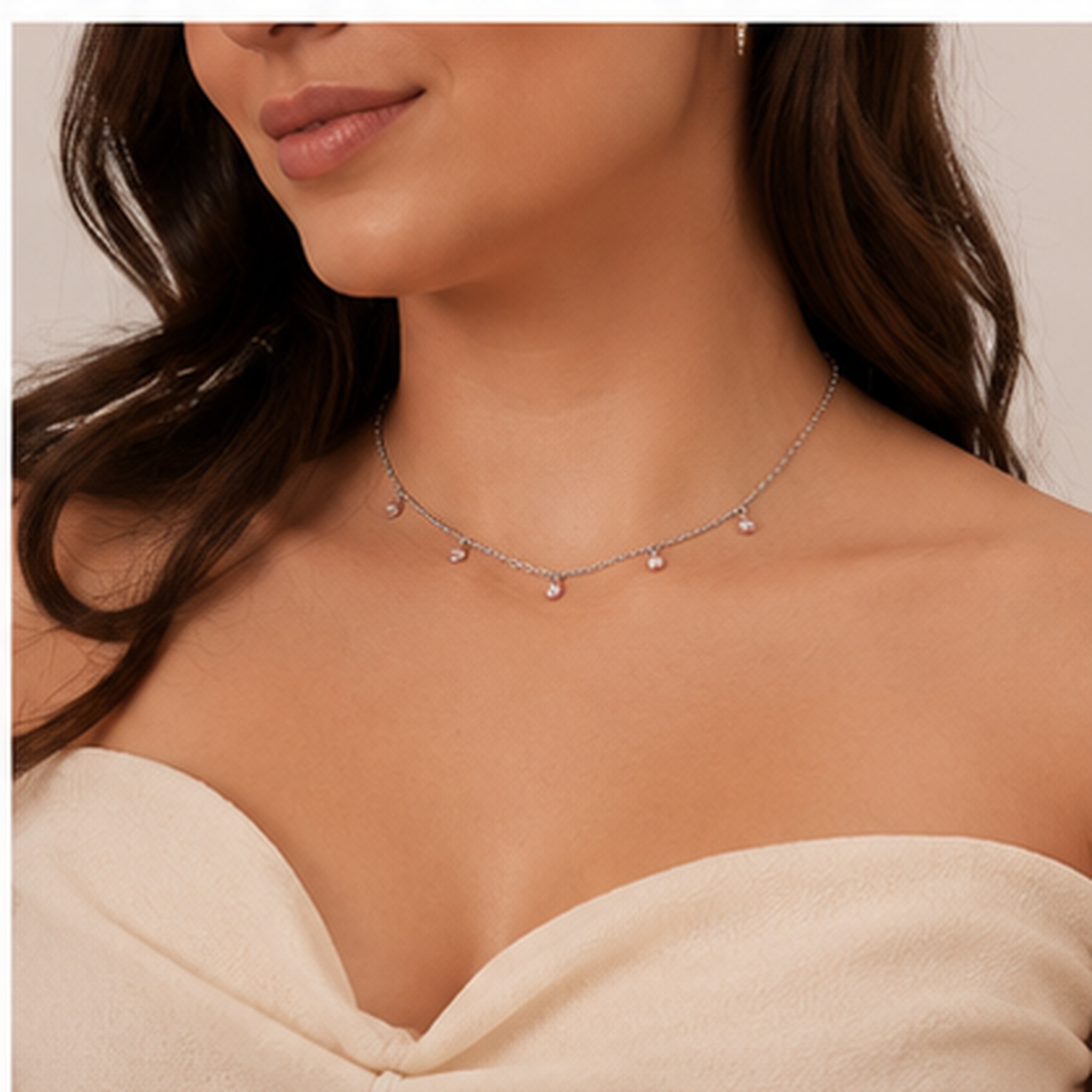 Colar Choker 5 Pedras Rosas Prata 925 com Zircônias - 40 cm + 3 cm (Alongador)