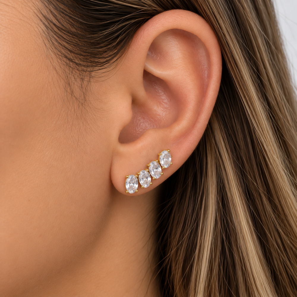 Brinco Ear Cuff Pedras Ovais Banhado a Ouro 18k com Zircônias - 1,9 cm