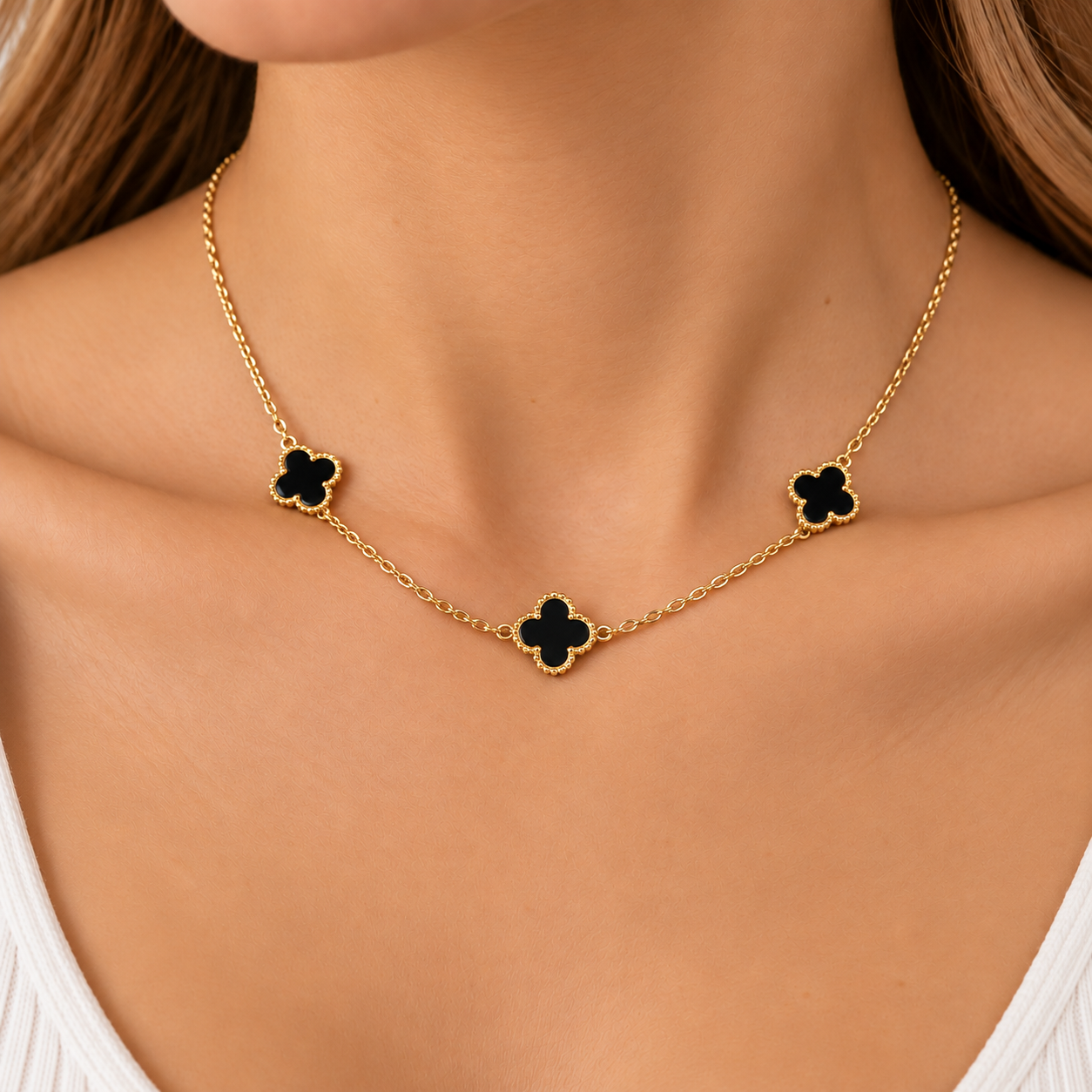 Corrente Trevo Preto Banhado a Ouro 18k - 40 cm + 4 cm (Alongador)