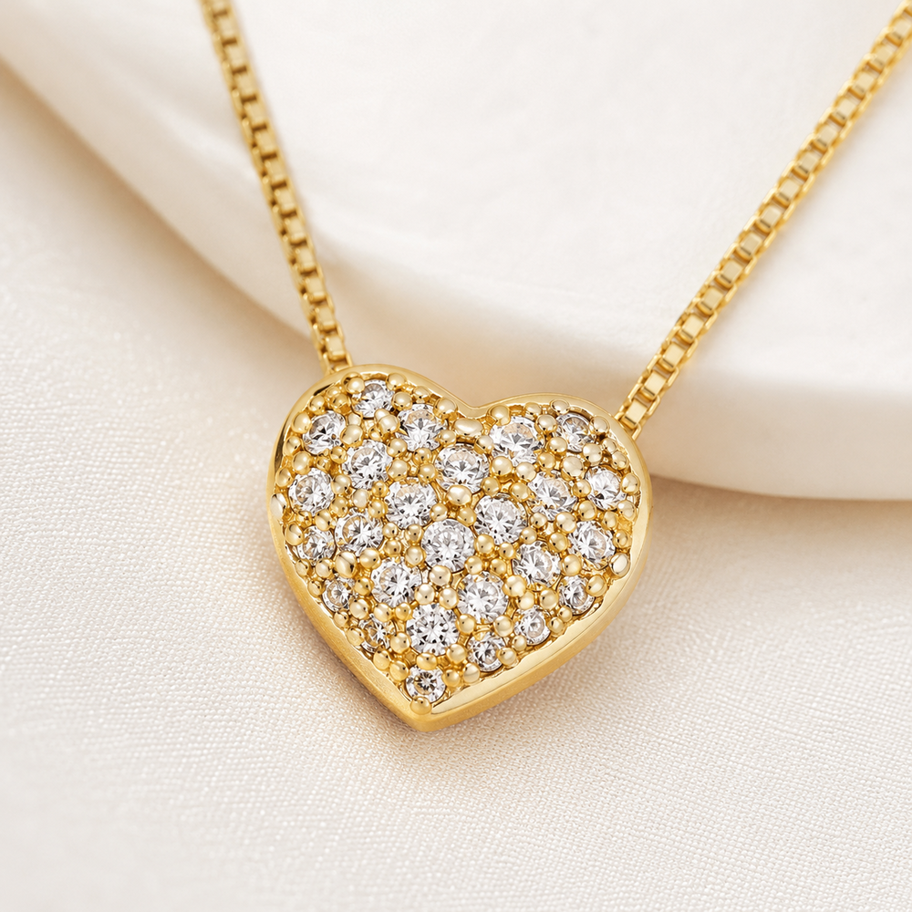 Colar Coração Cravejado Banhado a Ouro 18k com Zircônias - 45cm + 5cm (alongador)