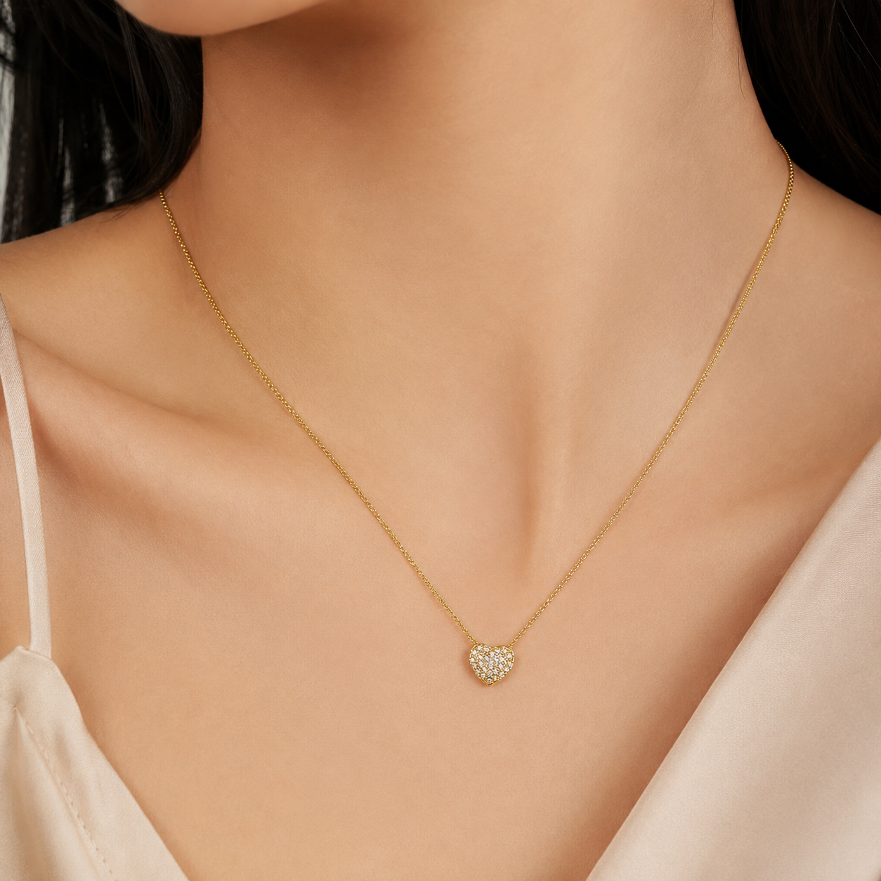 Colar Coração Cravejado Banhado a Ouro 18k com Zircônias - 45cm + 5cm (alongador)